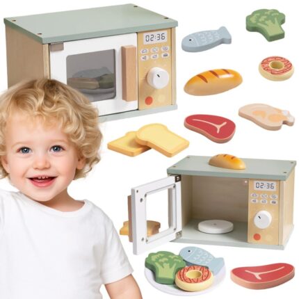 Žaislinė medinė mikrobangų krosnelė | Su maisto produktais | Tooky Toy TP525