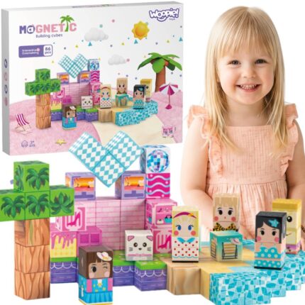 Magnetiniai blokeliai-kubeliai | 86 dalių 3D Montessori rinkinys | WOOPIE 58984